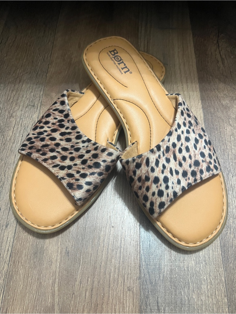 Born Leopard-Print Slide Sandals in Tan and Black